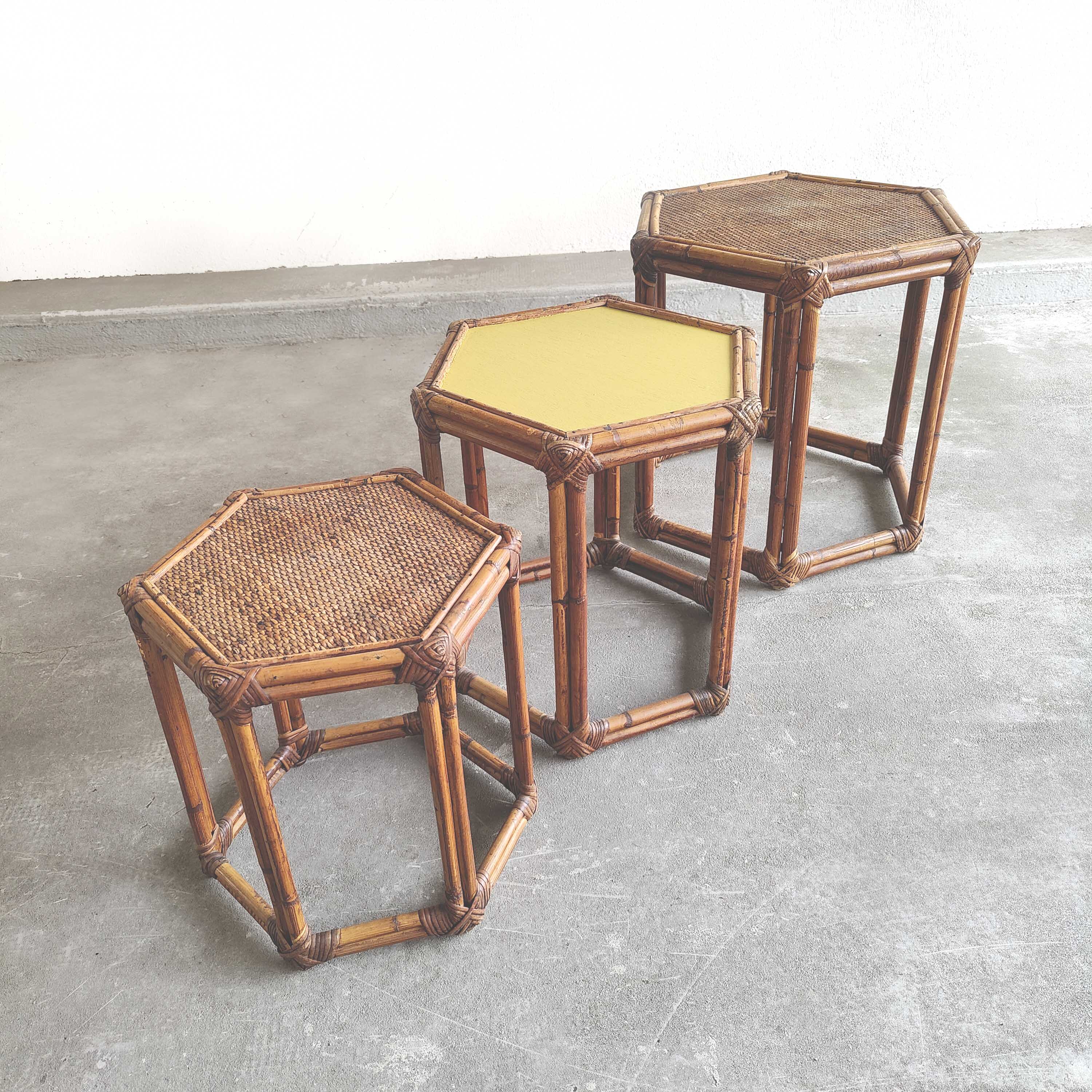3 vintage rattan coffee tables hexagonal shape