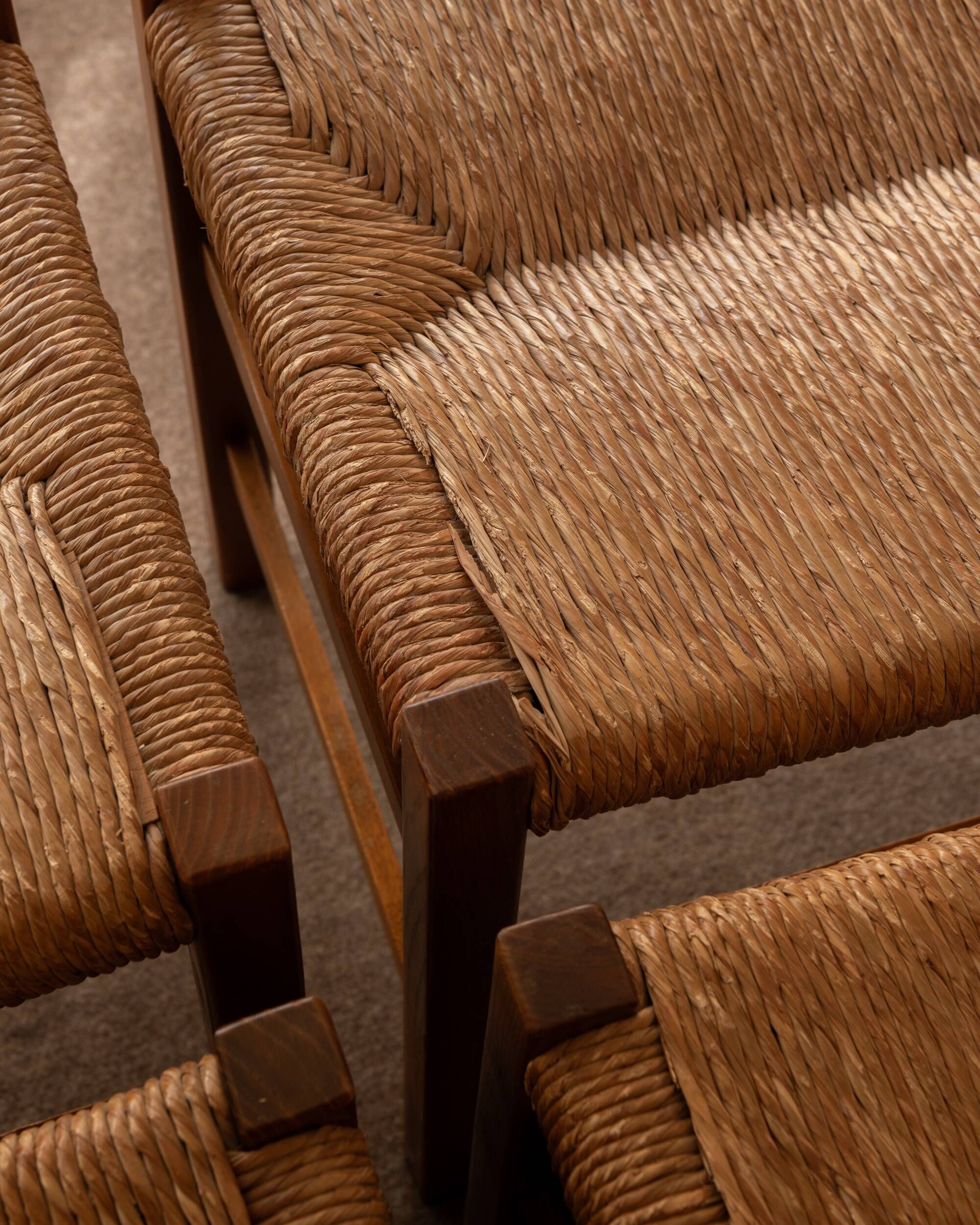 Vintage set of six French mid-century dining chairs in wood and rush, 1960s