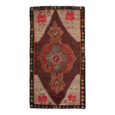 Tapis de couloir vintage turc Oushak fait main en laine et coton marron, années 1970