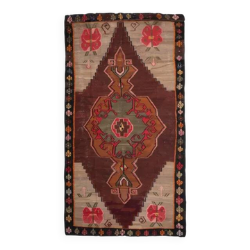 1970s Vintage Turkish Oushak Handmade Wool Cotton Brown Runner Rug  206x387