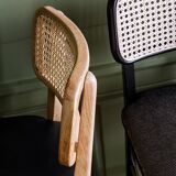 Black wood caning chair without chic grey velvet armrest