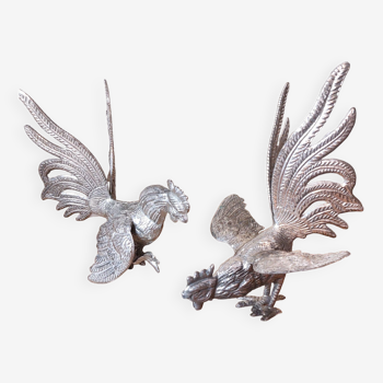 Pair of old vintage silver metal fighting cocks EM