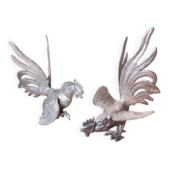 Pair of old vintage silver metal fighting cocks EM