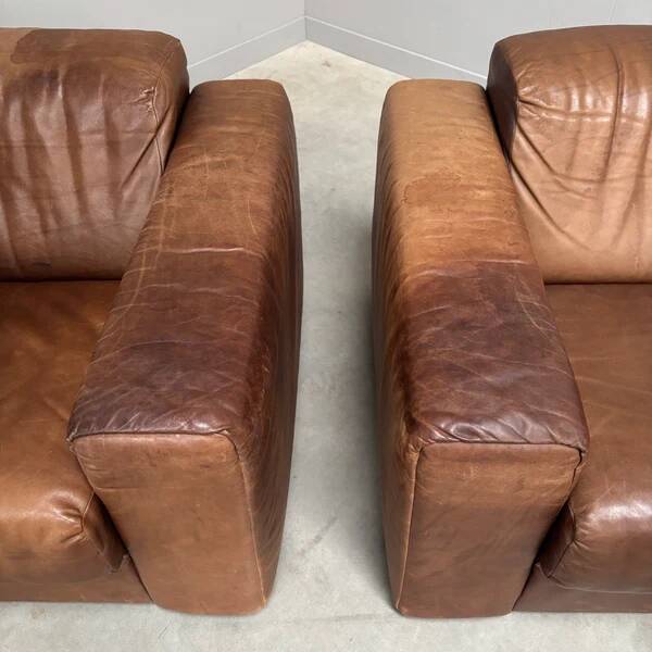 Ensemble de fauteuils en cuir marron vintage, années 1970.