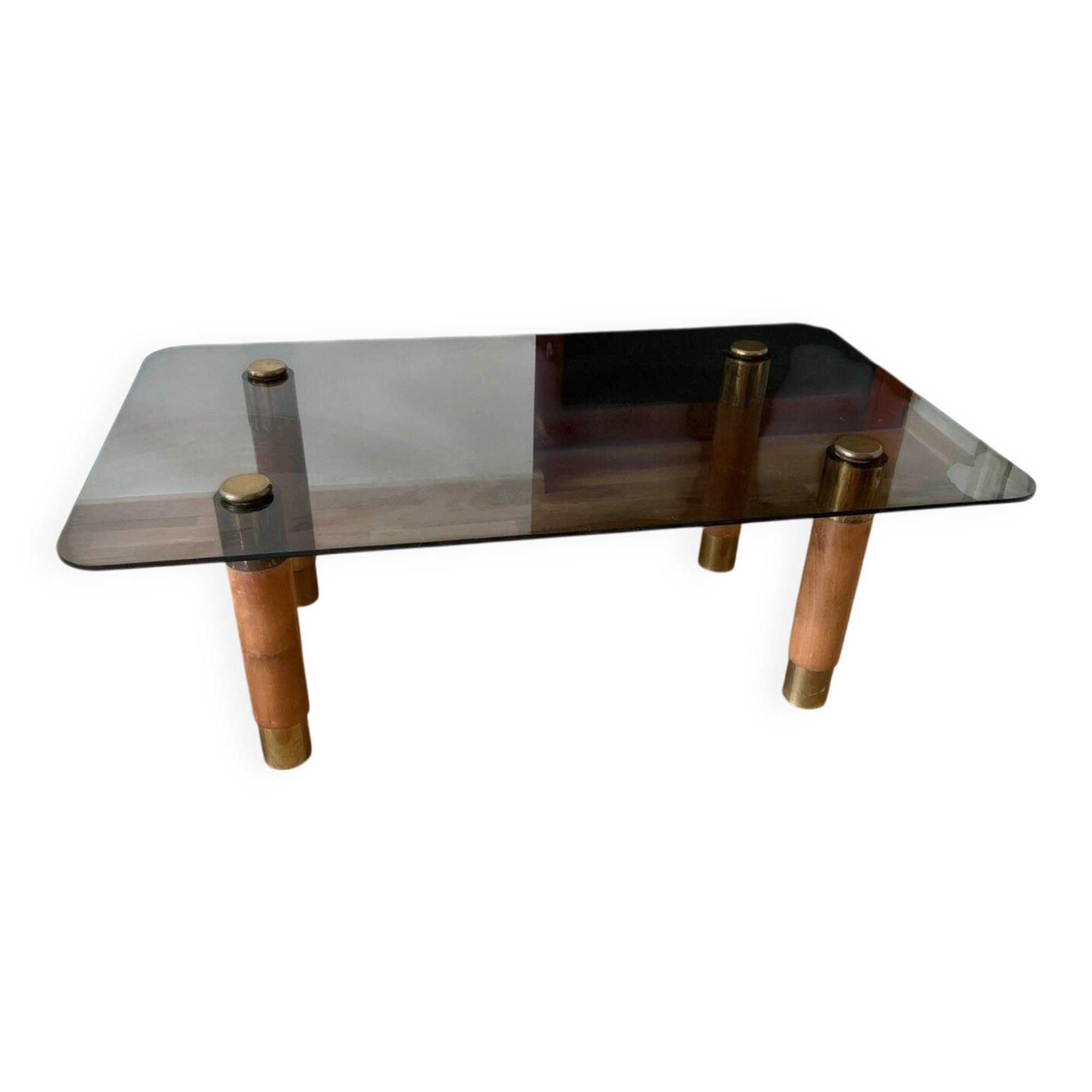 Scandinavian coffee table in brown teak, smoked glass top and brass details, 1960s.