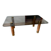 Table basse scandinave en teck marron, plateau verre fumé et détails laiton, 1960s