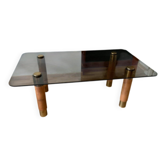 Scandinavian coffee table in brown teak, smoked glass top and brass details, 1960s.