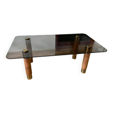 Scandinavian coffee table in brown teak, smoked glass top and brass details, 1960s.