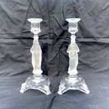 Paire d'anciens bougeoirs enverre Marie et Jésus