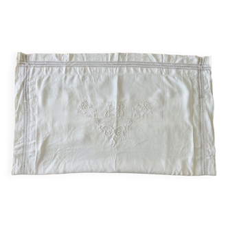 Old pillowcase with lace and embroidered edge.