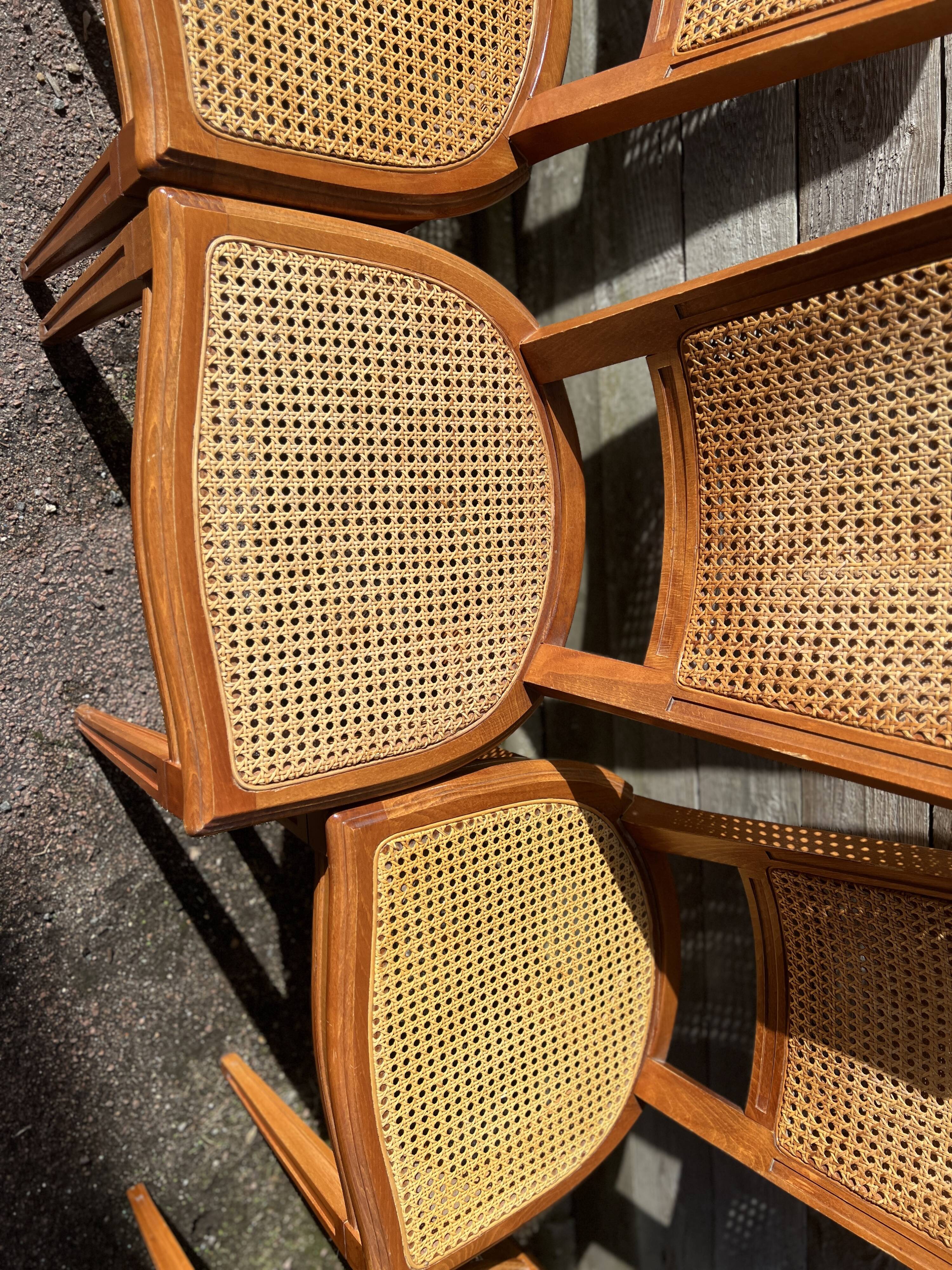 Six Art Deco chairs, 1960s, beech and cane