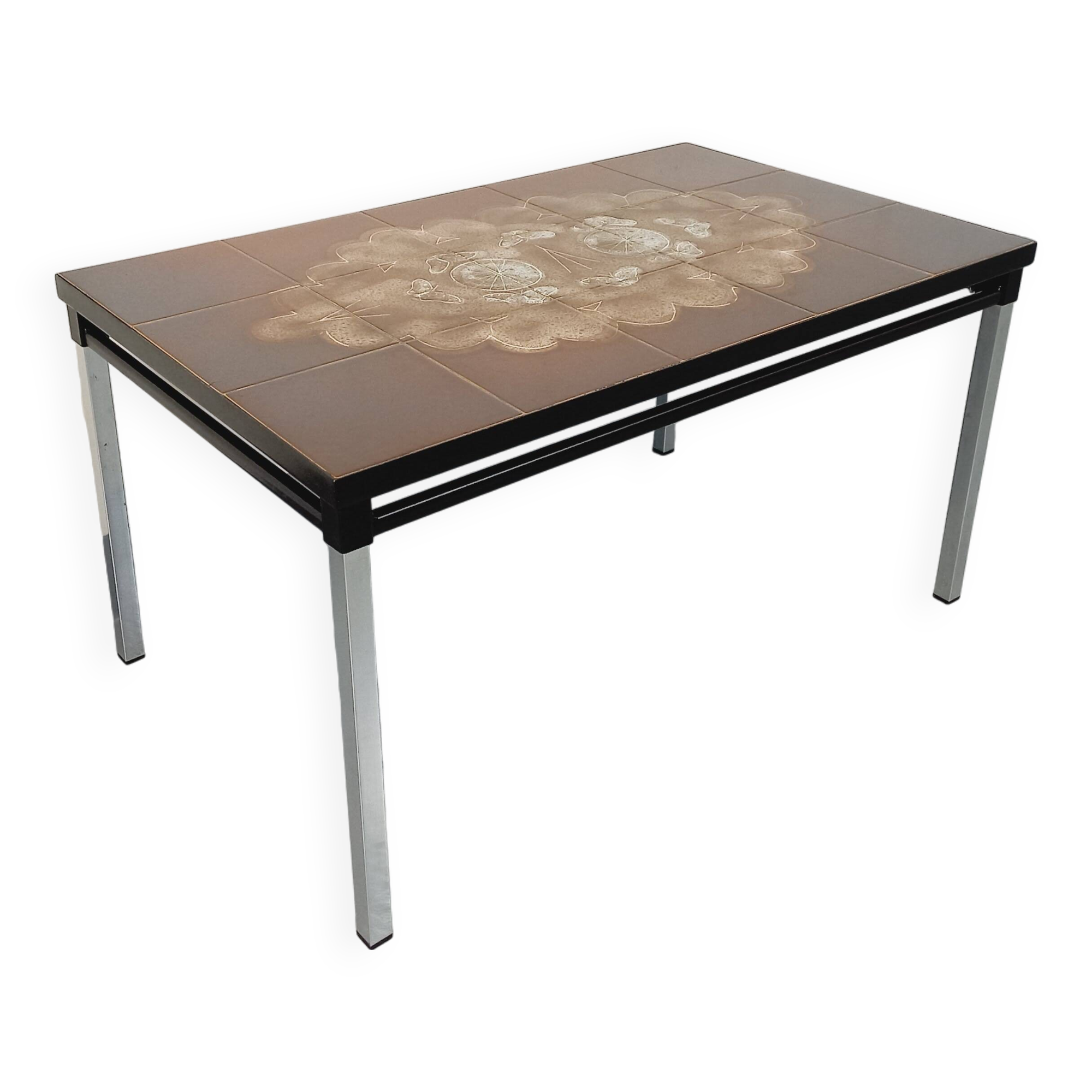 Vintage rectangular coffee table from the 60s 70s in ceramic, black metal and chrome metal