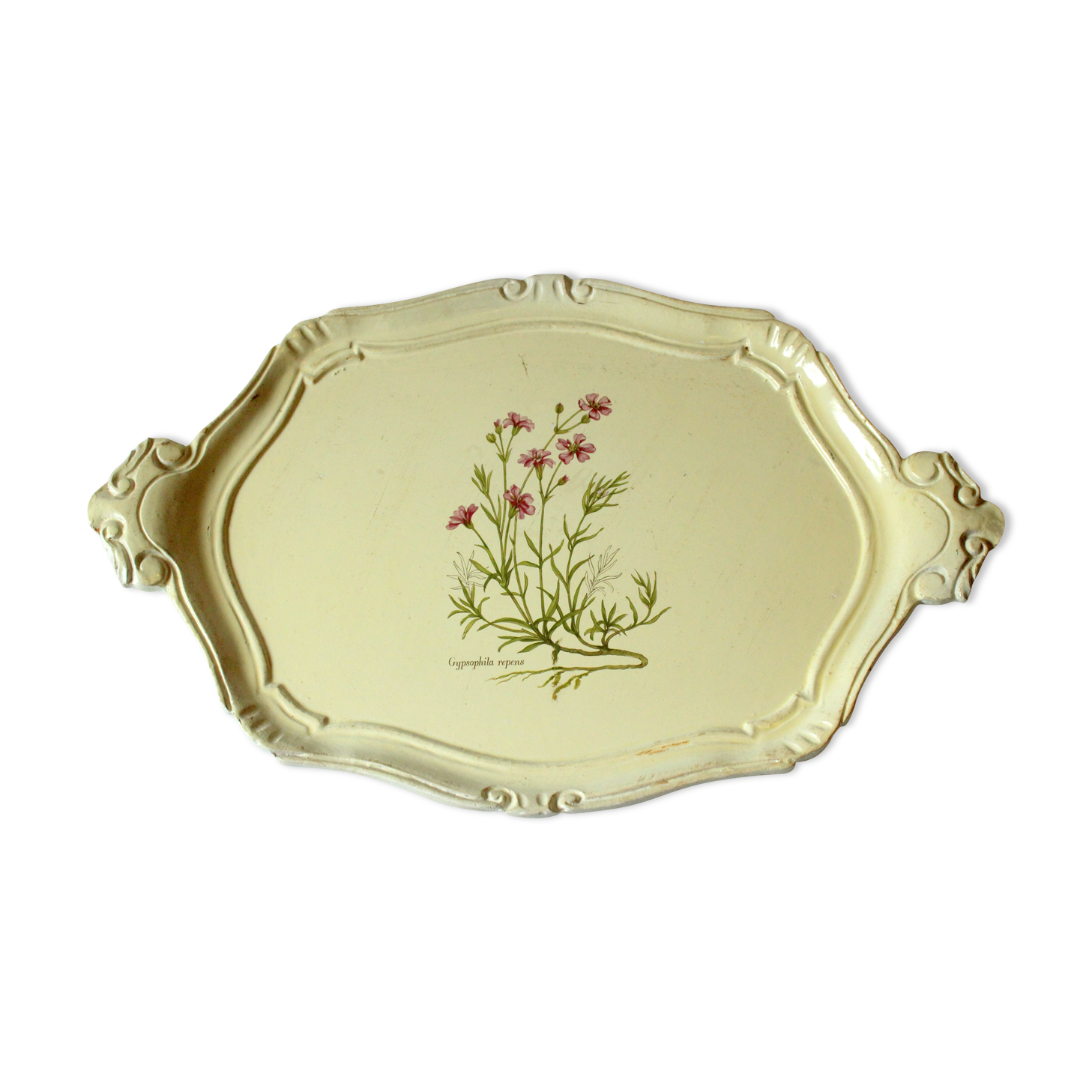 Florentine tray in white with floral decor, vintage