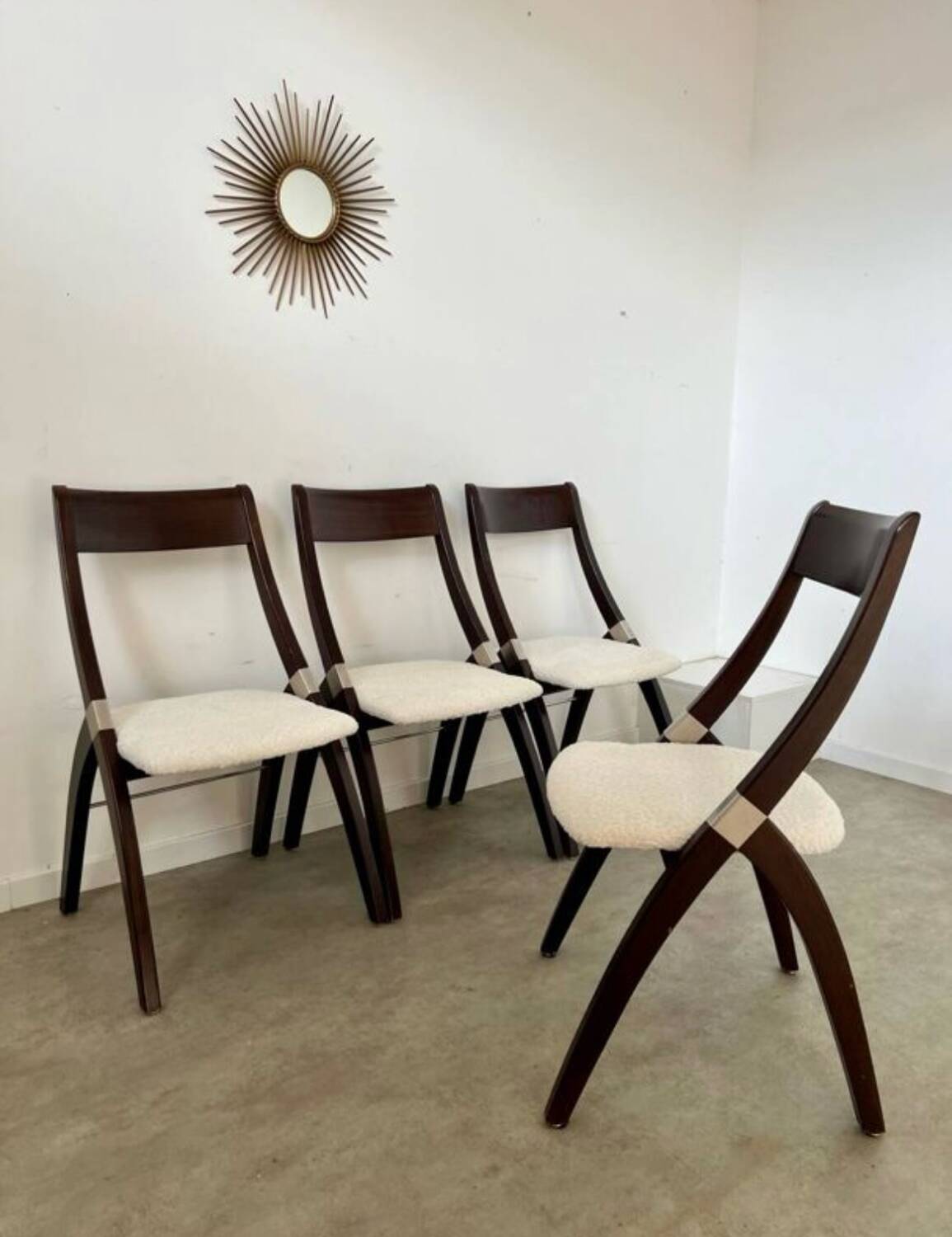 Set of 4 vintage 70s Italian design wooden and terry chairs