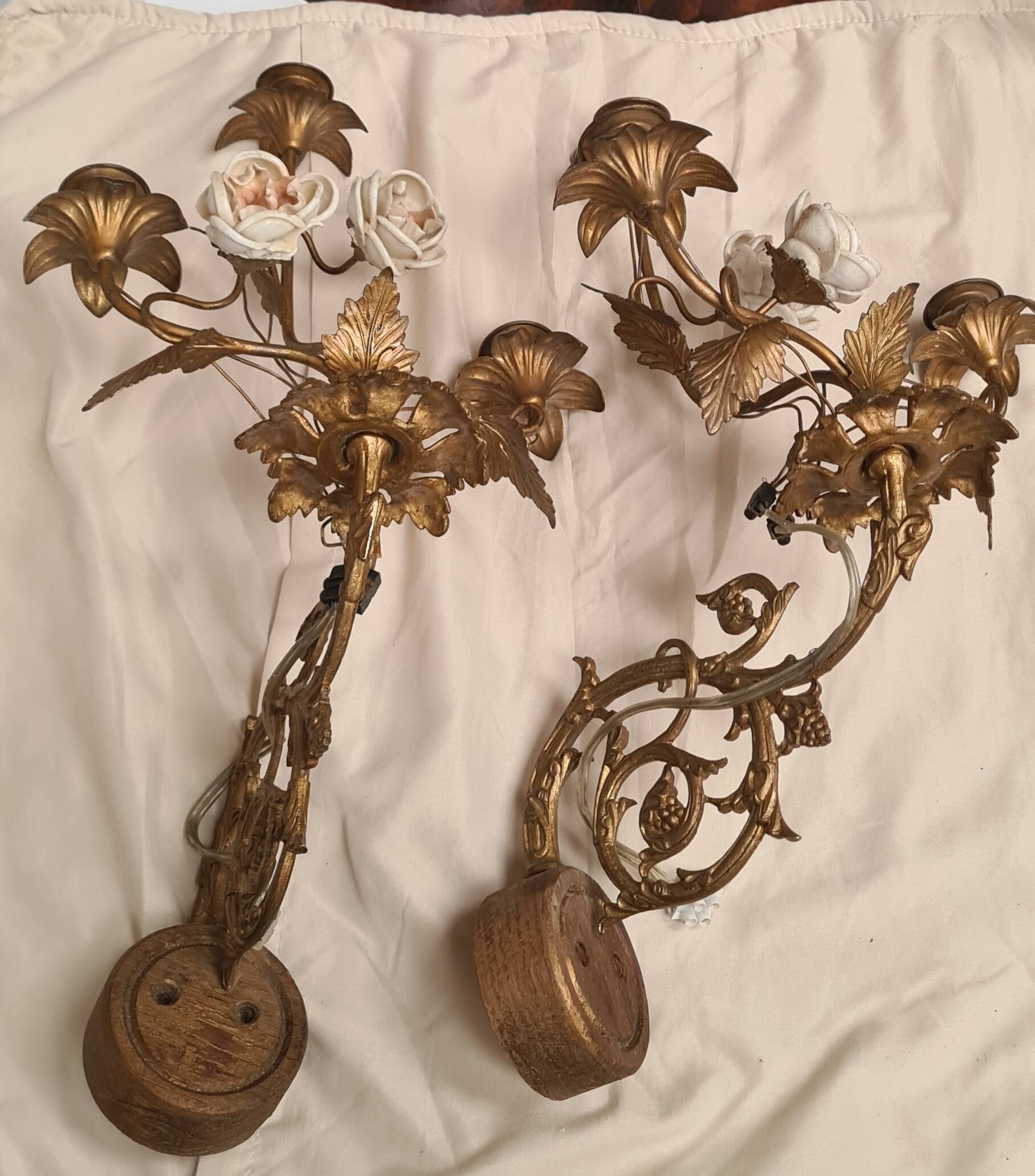 pair of wall lights brass bronze 1900 to 30 pink porcelain 45x28