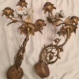 pair of wall lights brass bronze 1900 to 30 pink porcelain 45x28