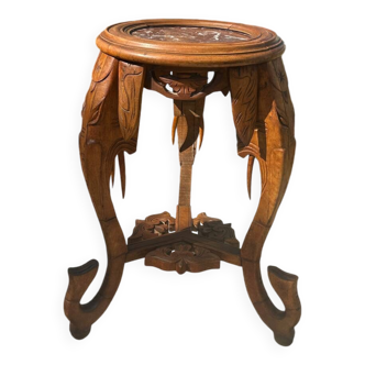 Small carved solid walnut side table with marble top