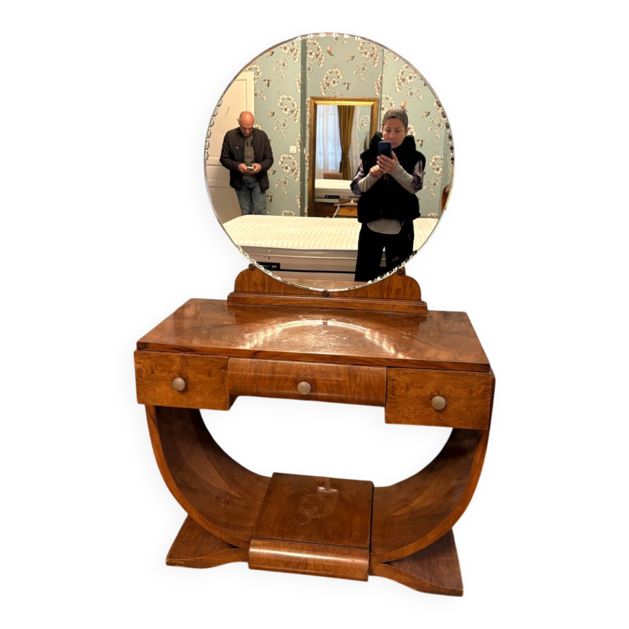 Art Deco walnut dressing table with round mirror – Vintage