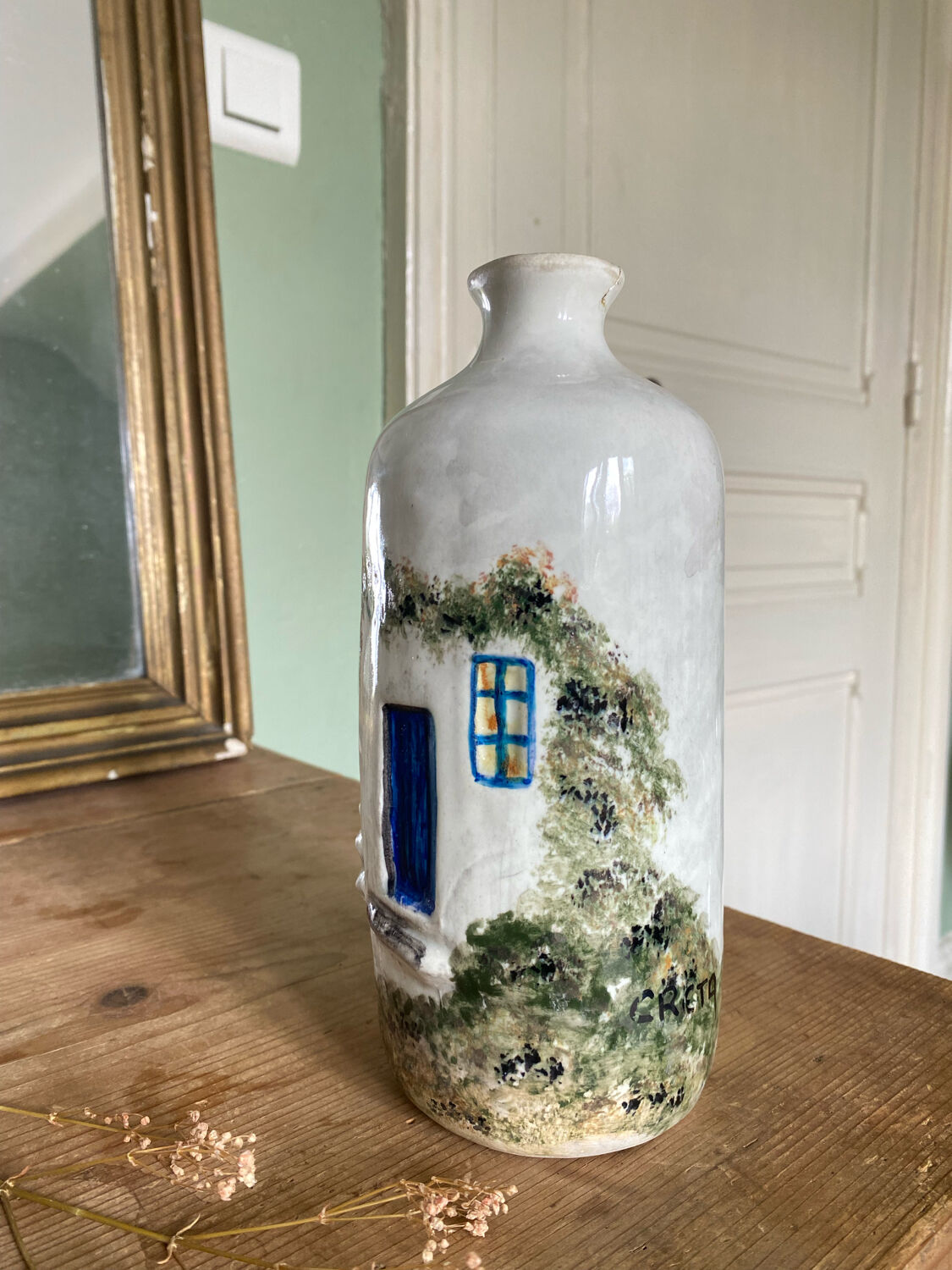 Handcrafted ceramic vase village scene Crete 70s