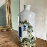 Handcrafted ceramic vase village scene Crete 70s