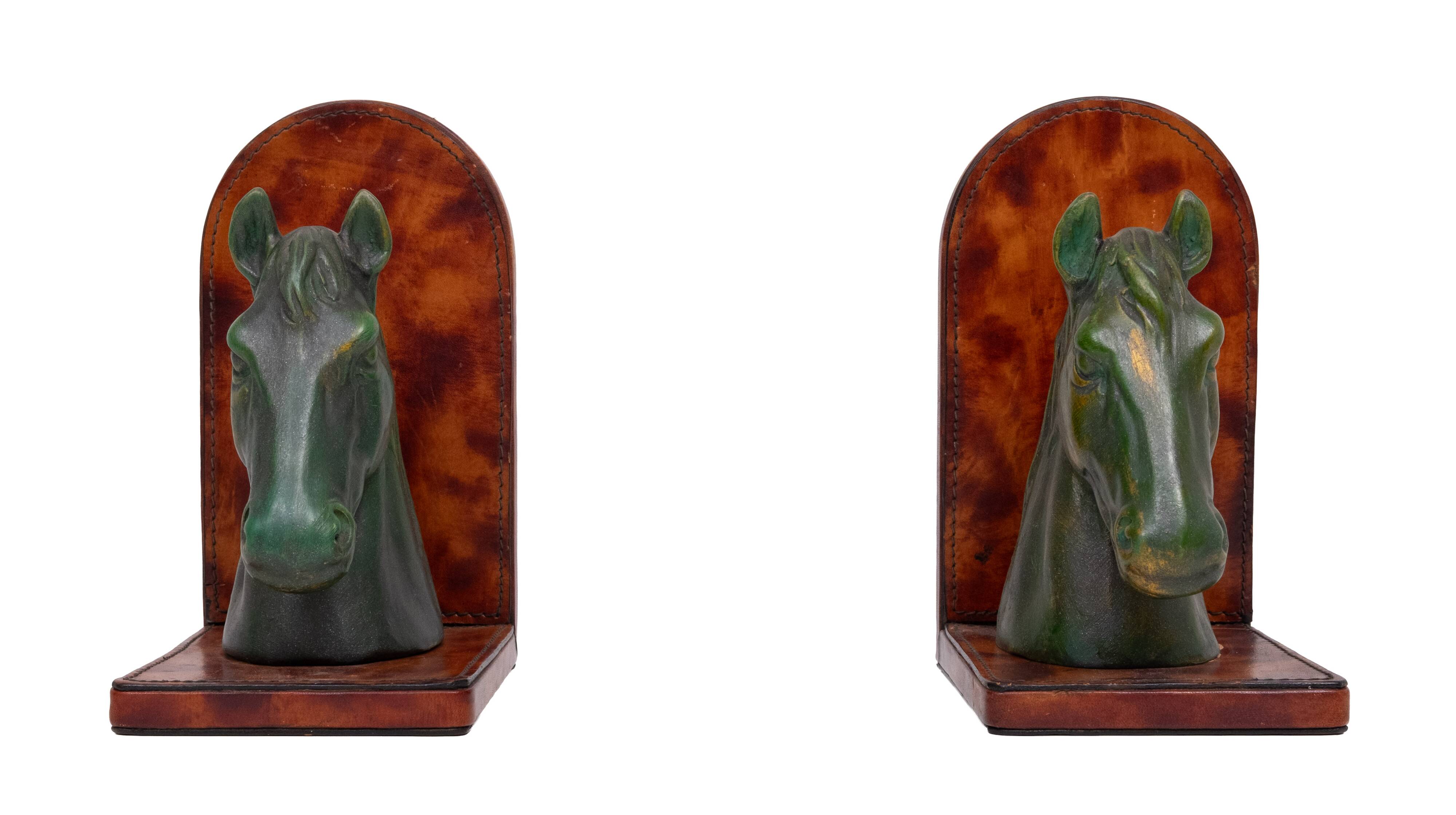 Ceramic and Leather Horses head bookends 1970s