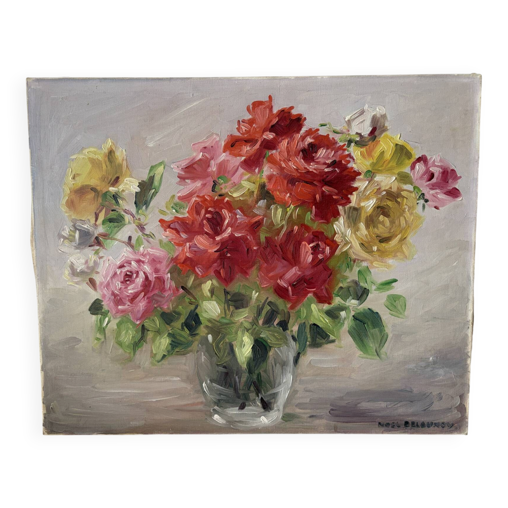 Bouquet of roses in a glass vase, oil on canvas signed