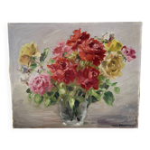 Bouquet of roses in a glass vase, oil on canvas signed