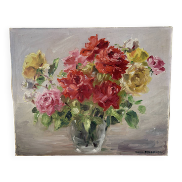 Bouquet of roses in a glass vase, oil on canvas signed