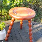 Tripod stool in solid wood, abacus feet, around 70's