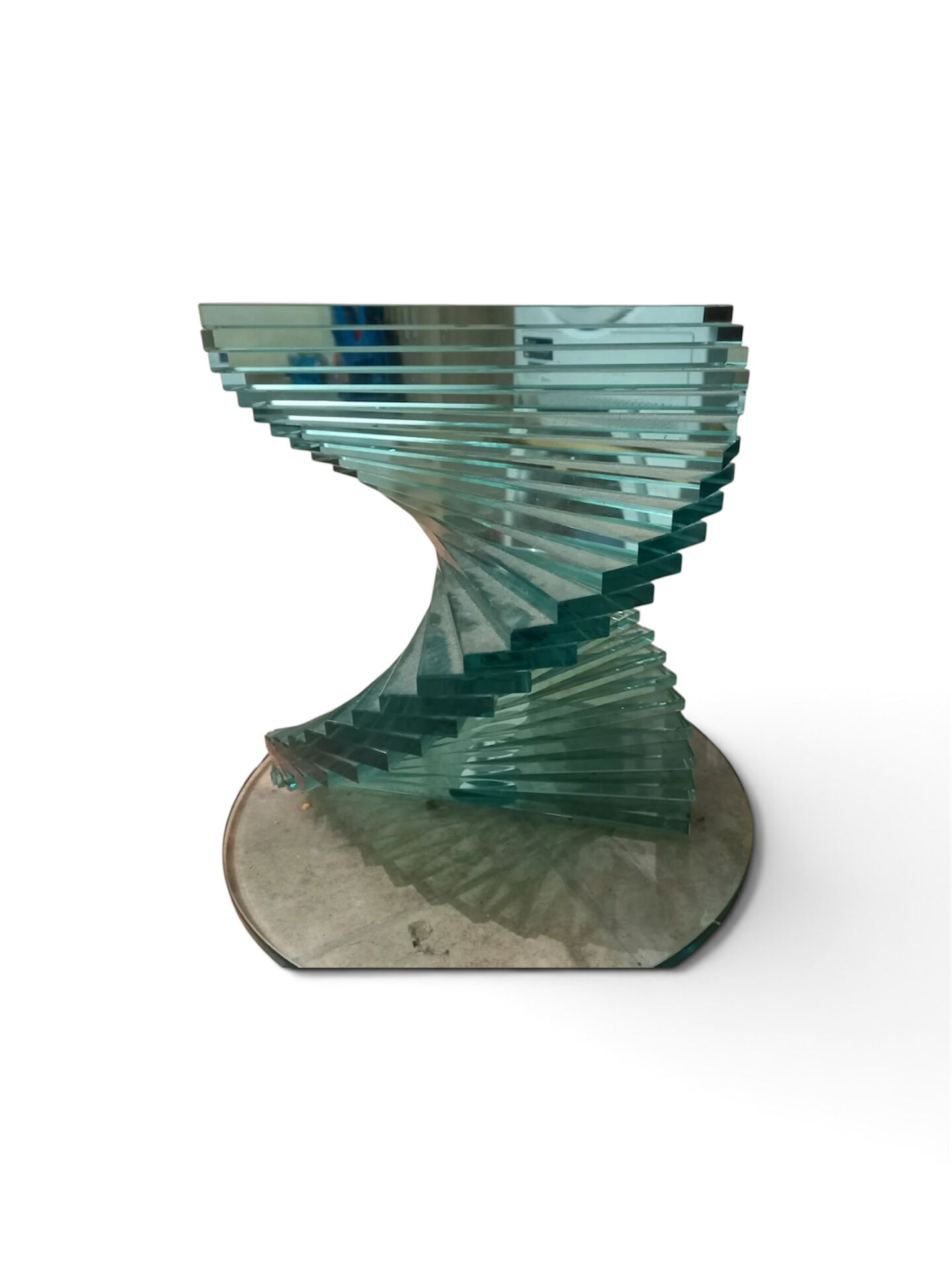90s Sculptural Glass Coffee Table - Aqua Spiral Base