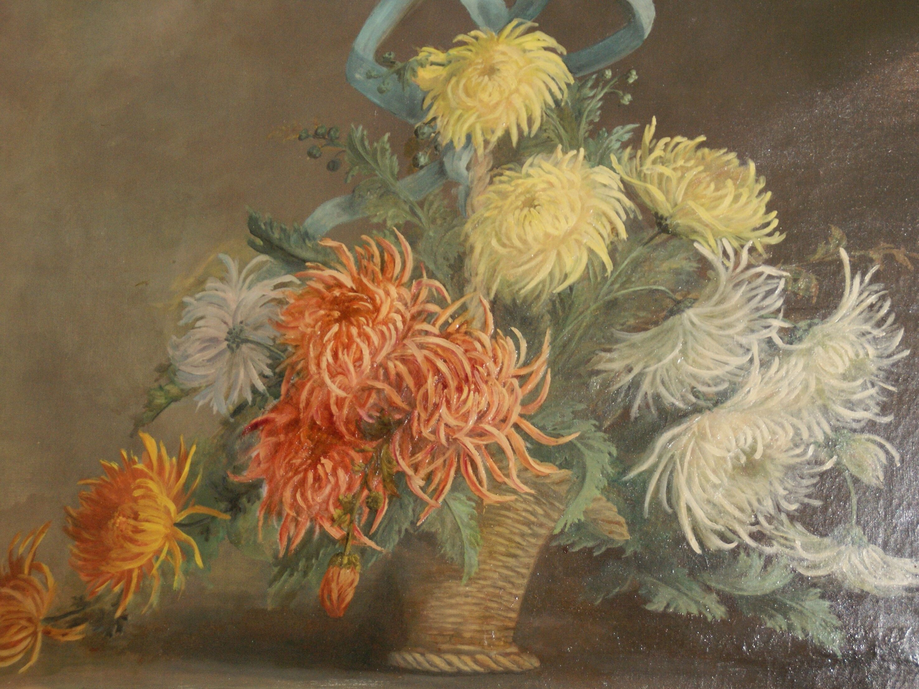 Tableau bouquet de fleurs huile à décor de chrysanthèmes signé  A.Plessy