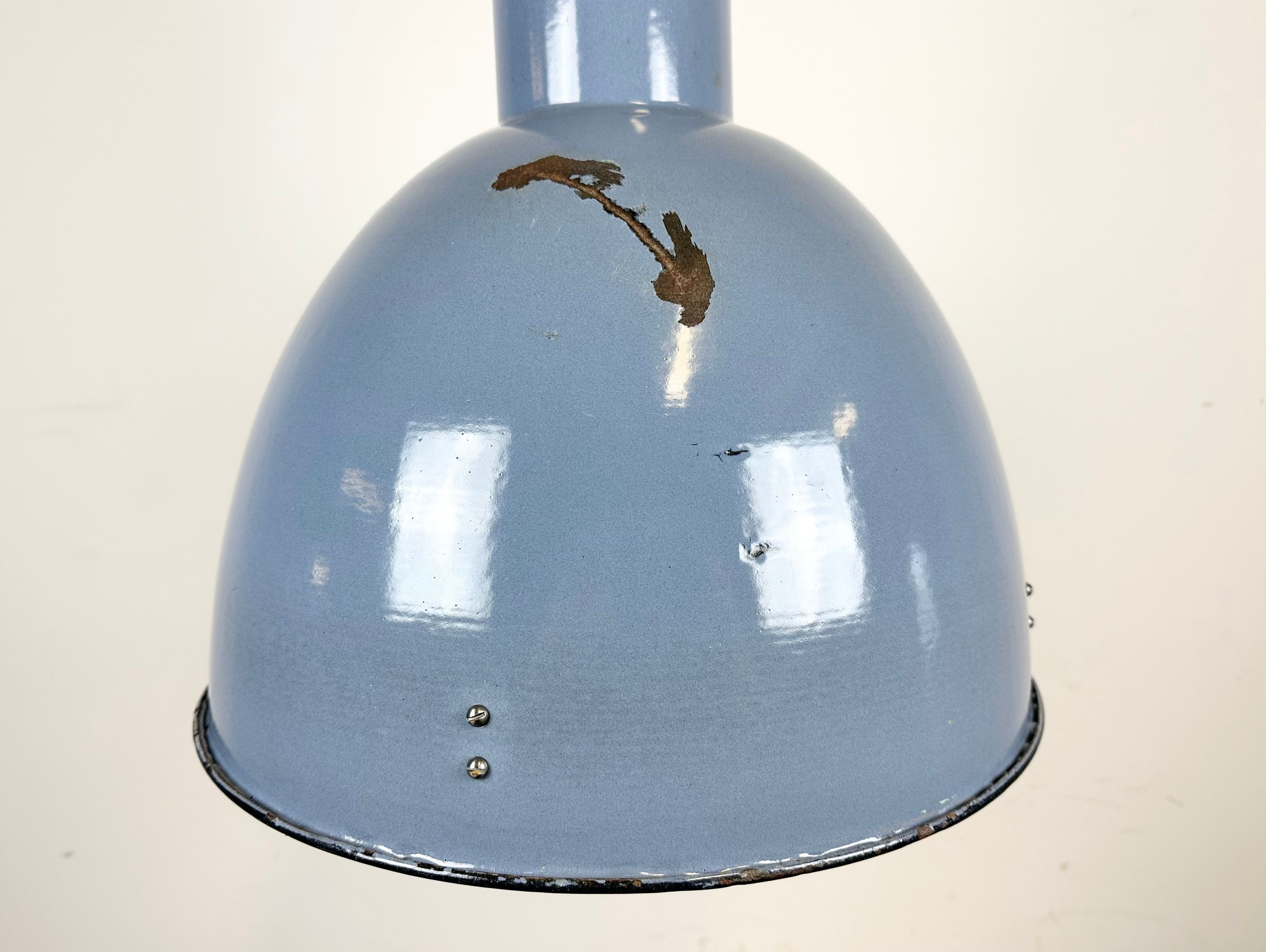 Bauhaus blue enamel industrial pendant lamp, 1950s