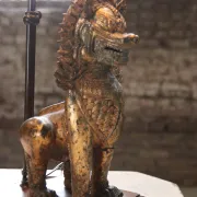 Pair of table lamps with gilt bronze Singha lions – Thailand, 1970s