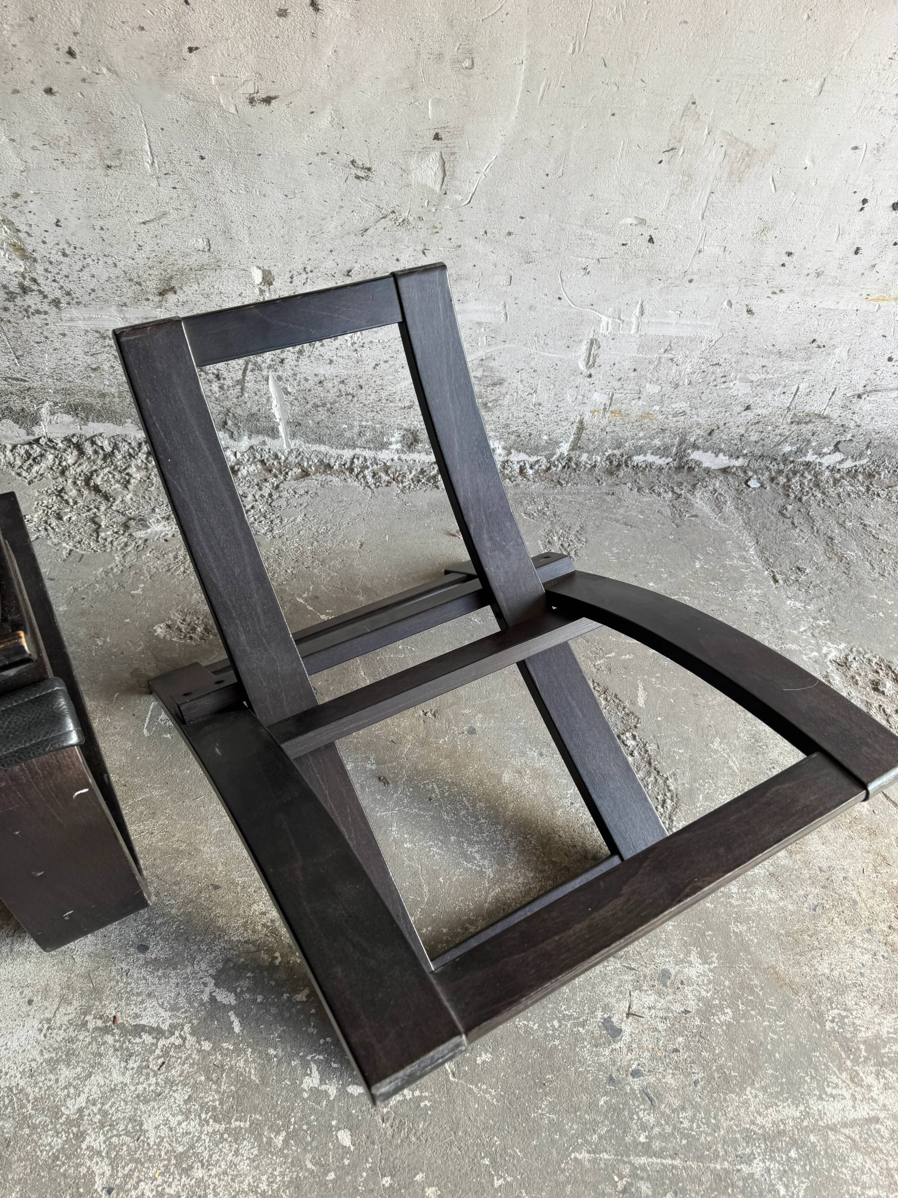 Vintage Scandinavian Black Leather Armchair with Ottoman — Solid Dark Wood Frame, Mid‑Century Modern