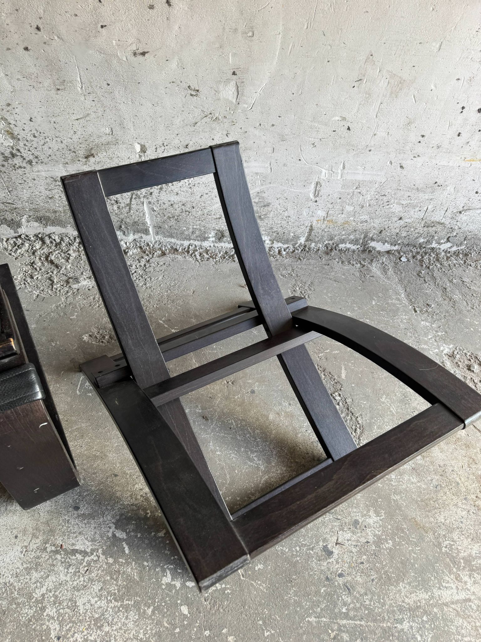 Vintage Scandinavian Black Leather Armchair with Ottoman — Solid Dark Wood Frame, Mid‑Century Modern