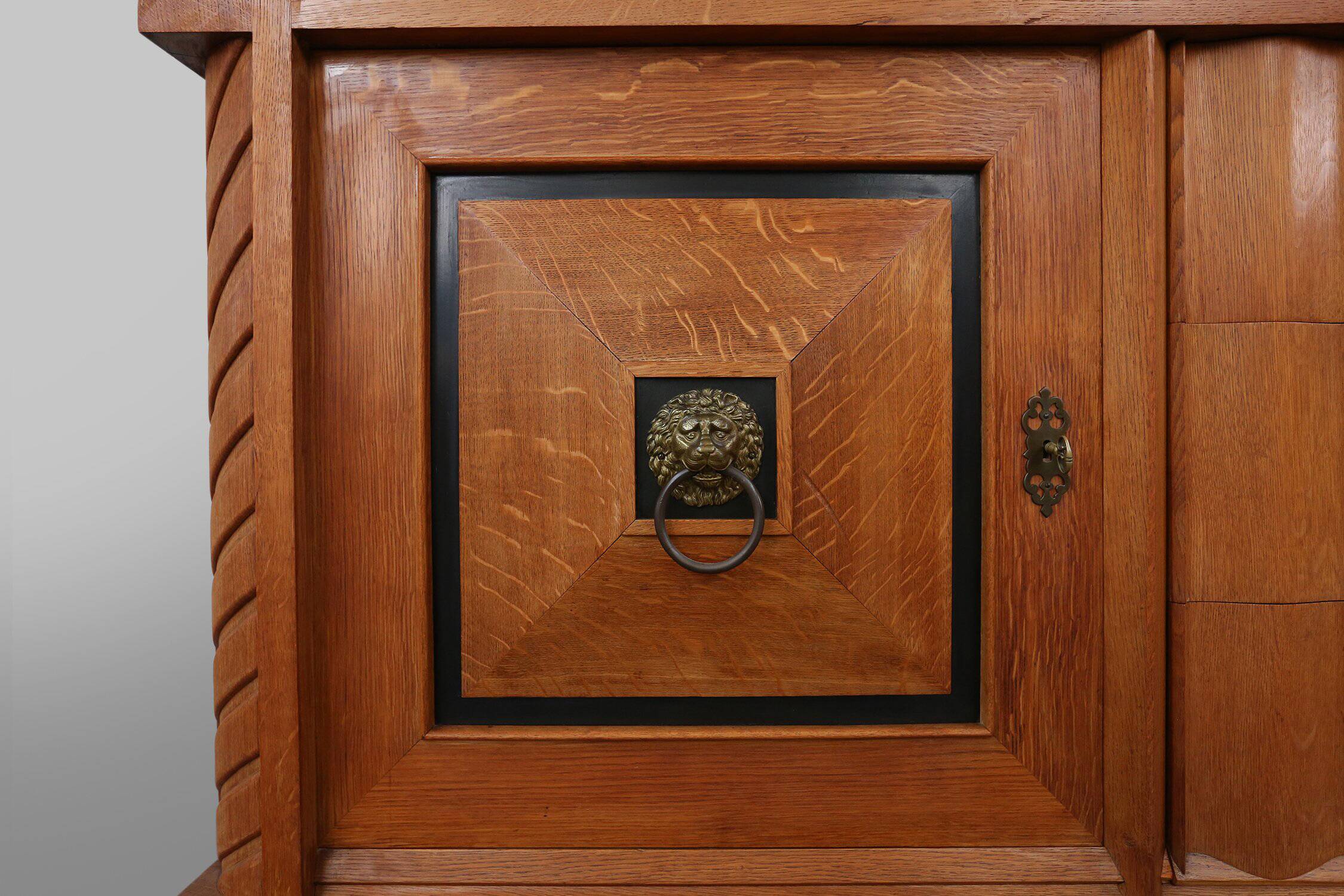 Art Deco brutalist Belgian Oak and Brass Sideboard, 1940s
