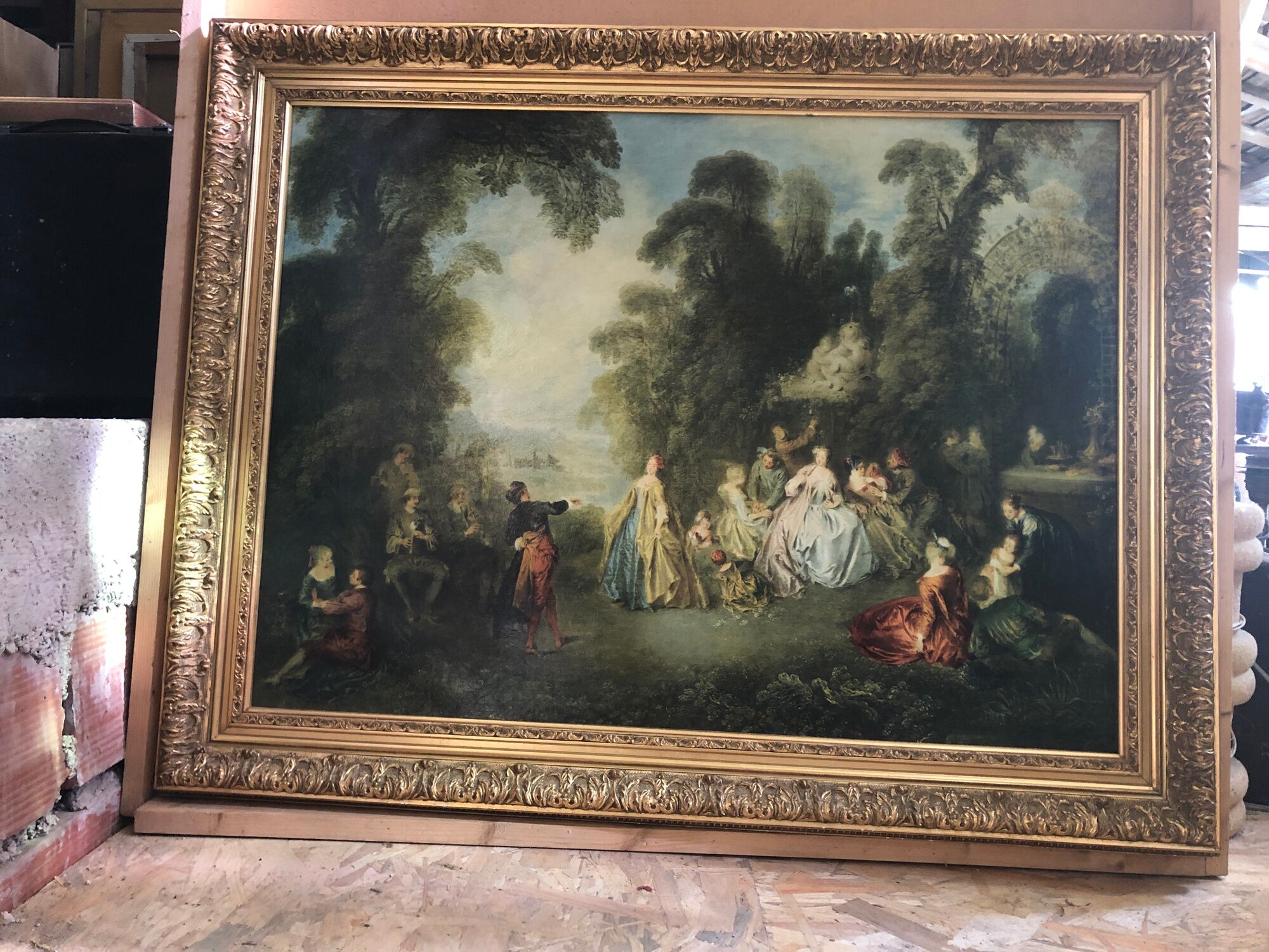 Old painting print on canvas + frame carved wood Gilded Vintage #2
