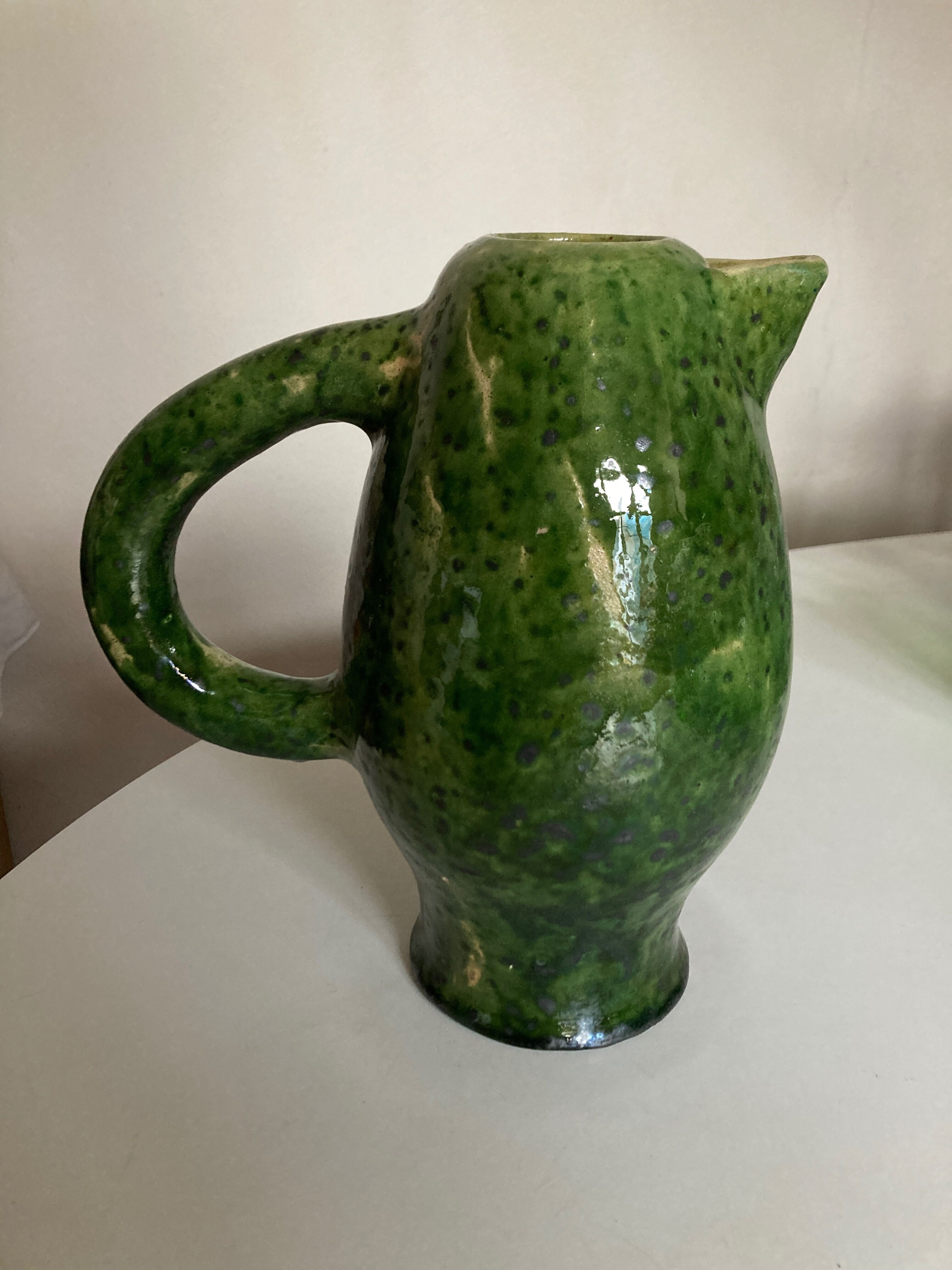 XL vase pitcher in green glazed clay Vallauris 1960