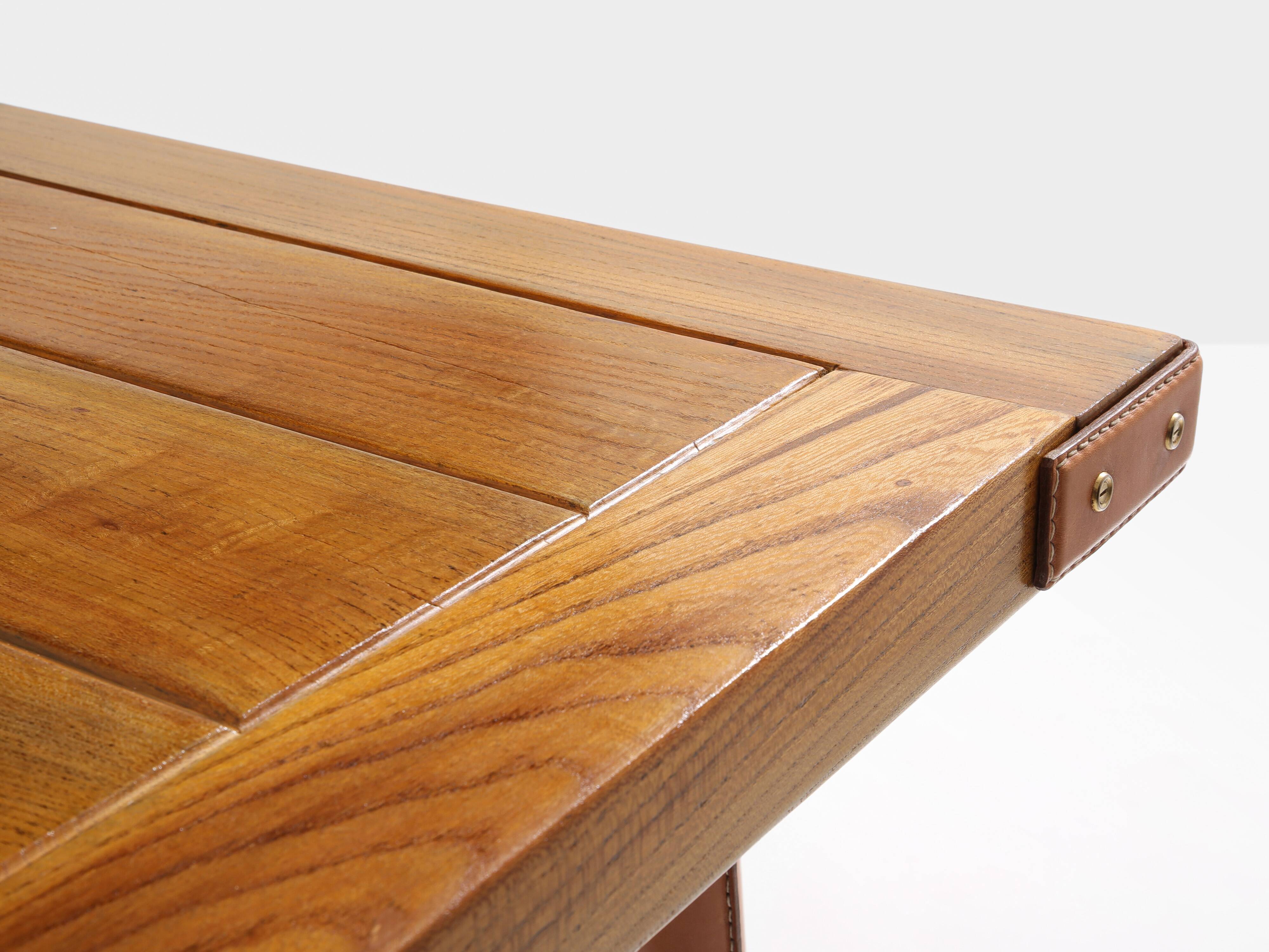Jacques Adnet dining table oak red leather brass 1950