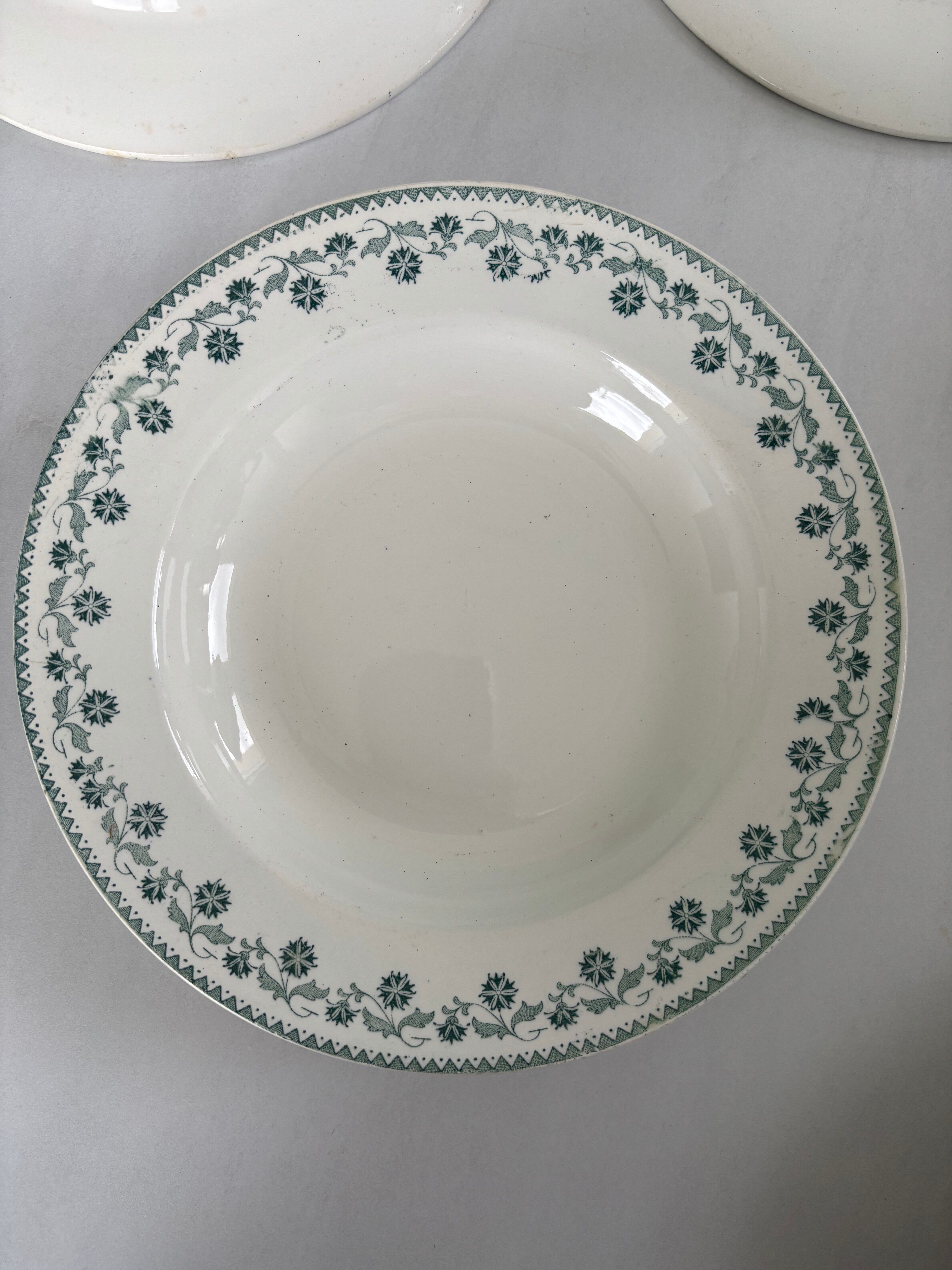 Set of 6 blue and green ironstone deep plates, French earthenware.