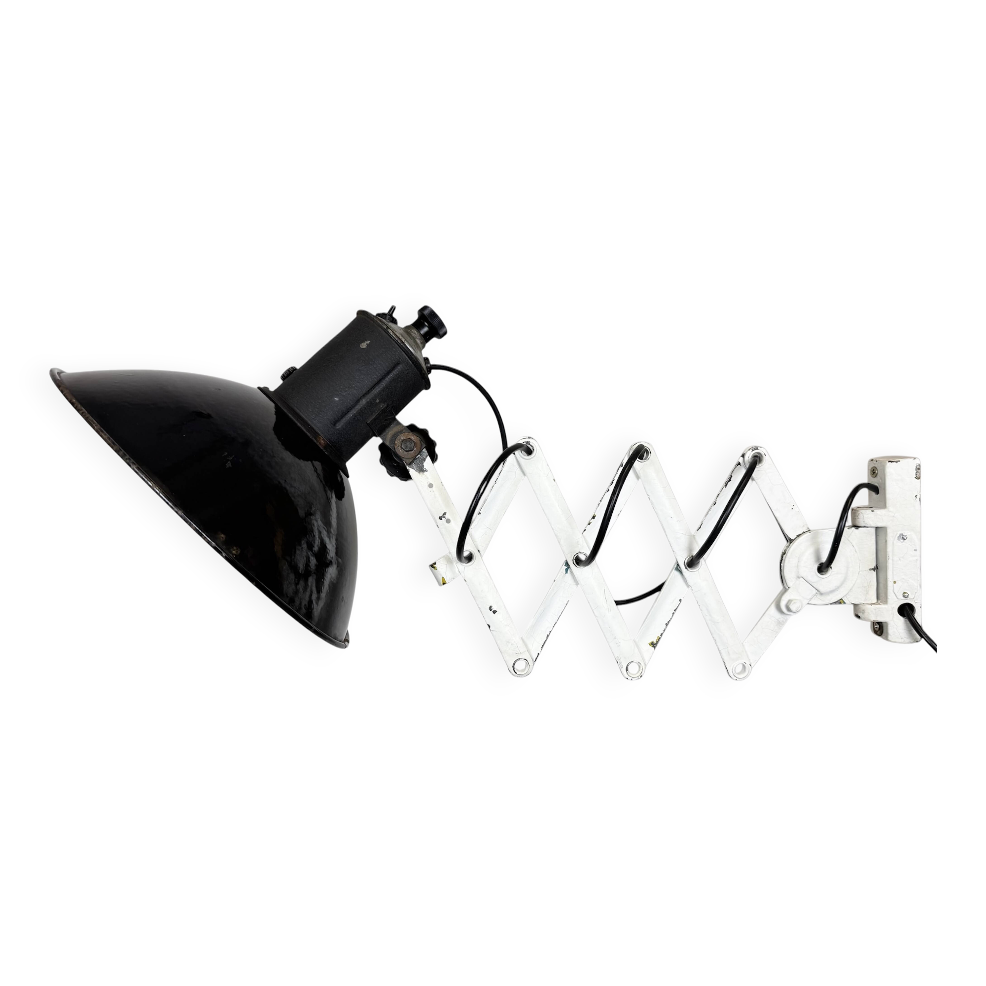 Lampe murale à ciseaux en émail noir industriel, années 1950