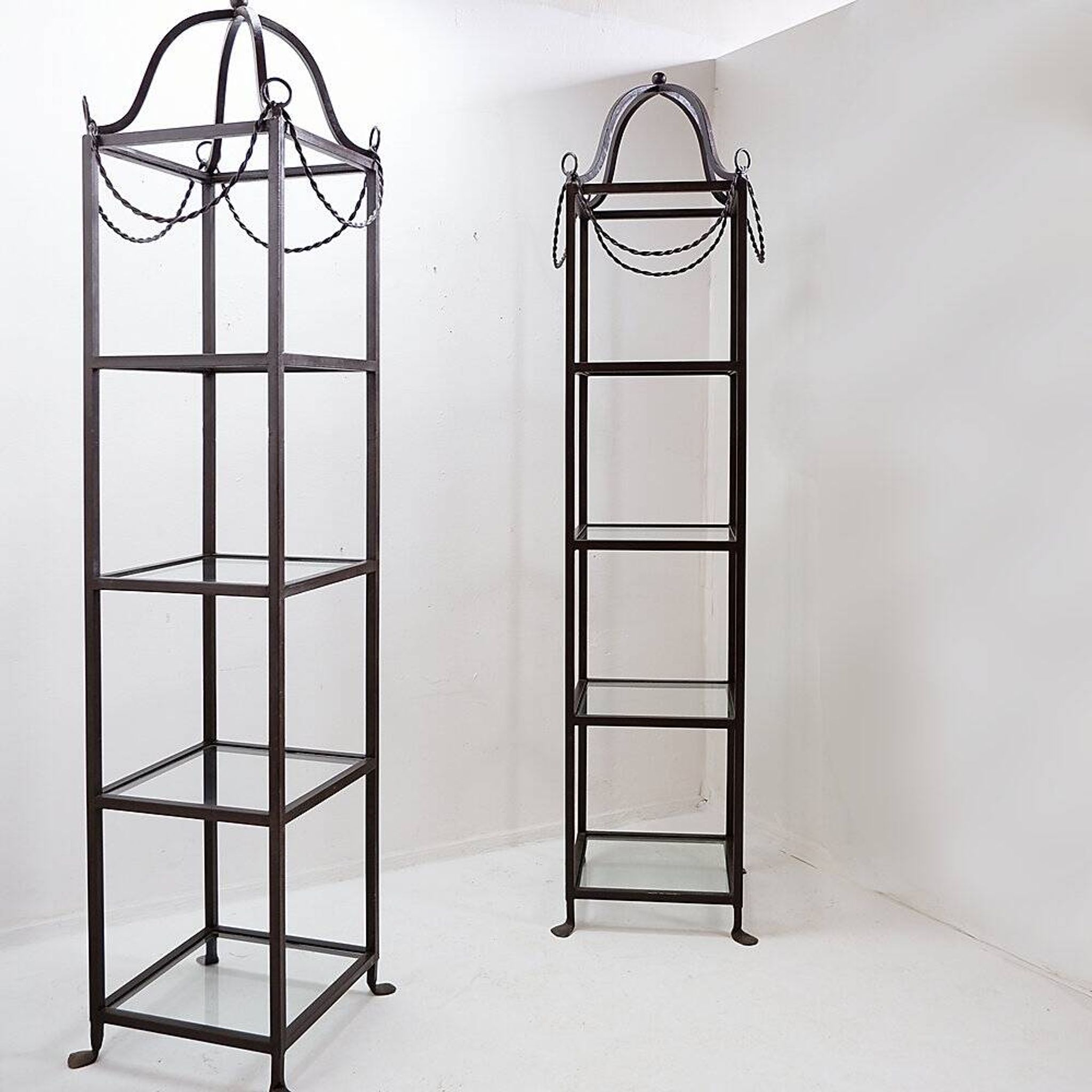 Pair of vintage pagoda-style shelves in black metal