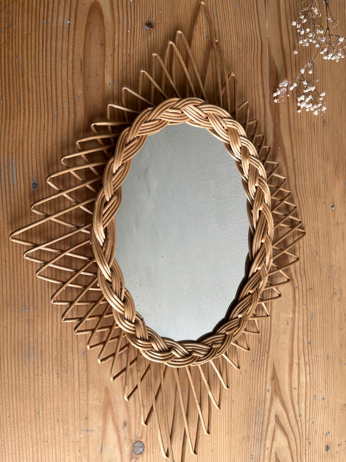 Vintage rattan mirror in star/diamond shape