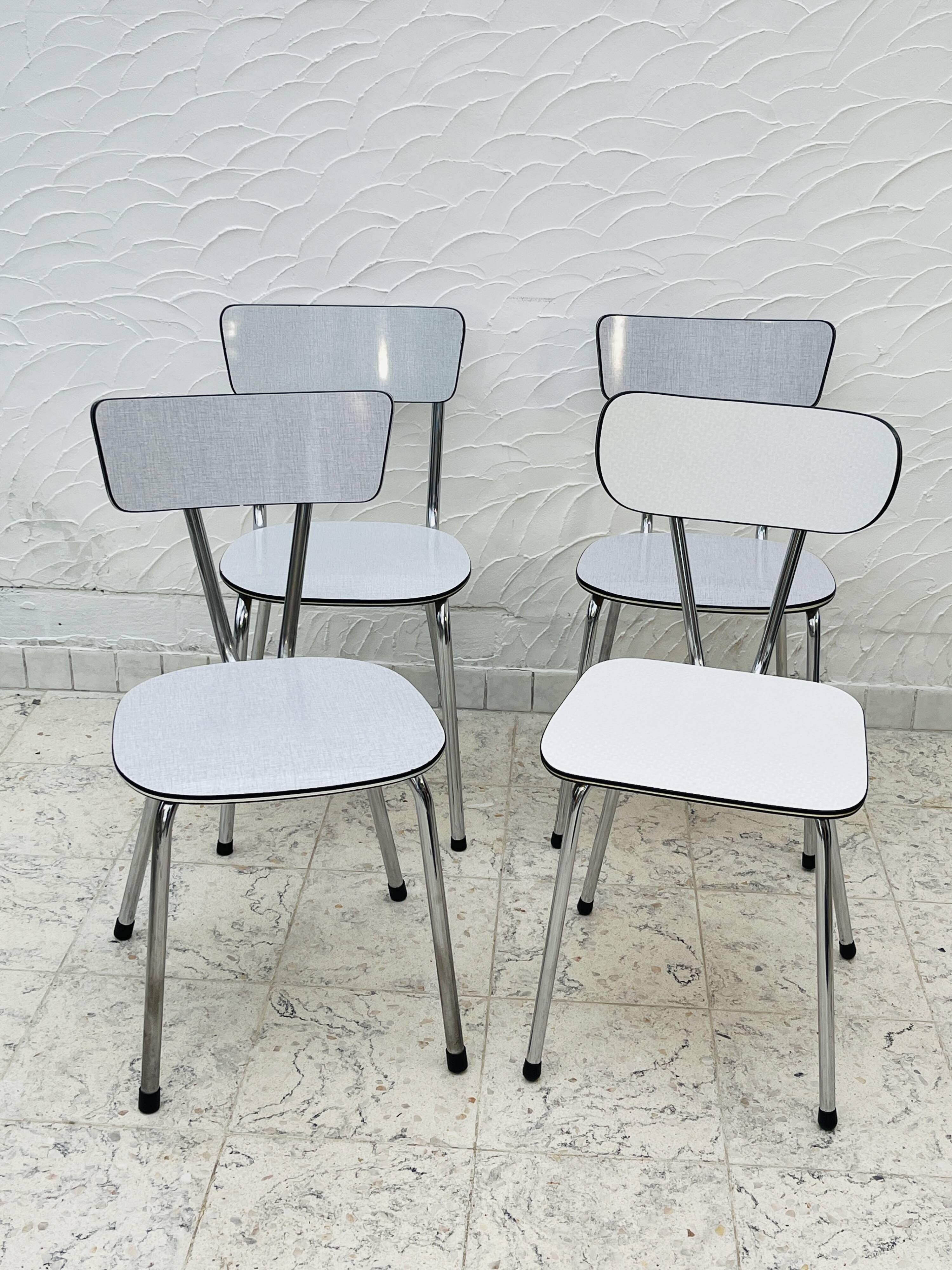 Set of 4 vintage grey chrome Formica kitchen chairs.