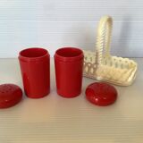 Red and white plastic salt and pepper shakers Emsa.