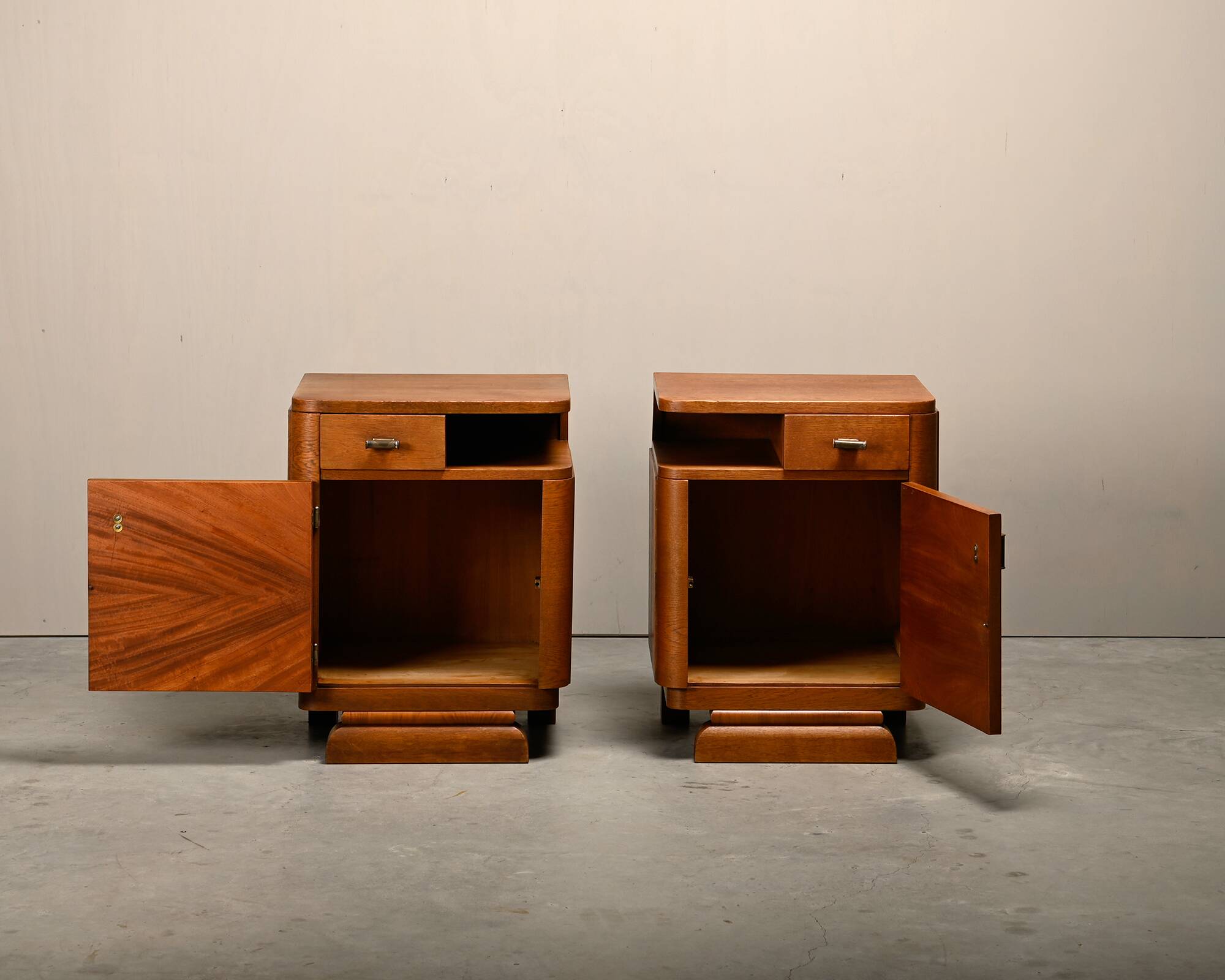 Pair Art Deco Nightstands or Bedside tables Oak and Glass, Netherlands, 193