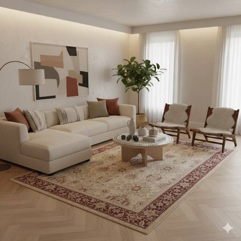 Beige and red oriental rug in wool.