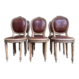 Suite of 6 Louis XVI 1900 leather chairs