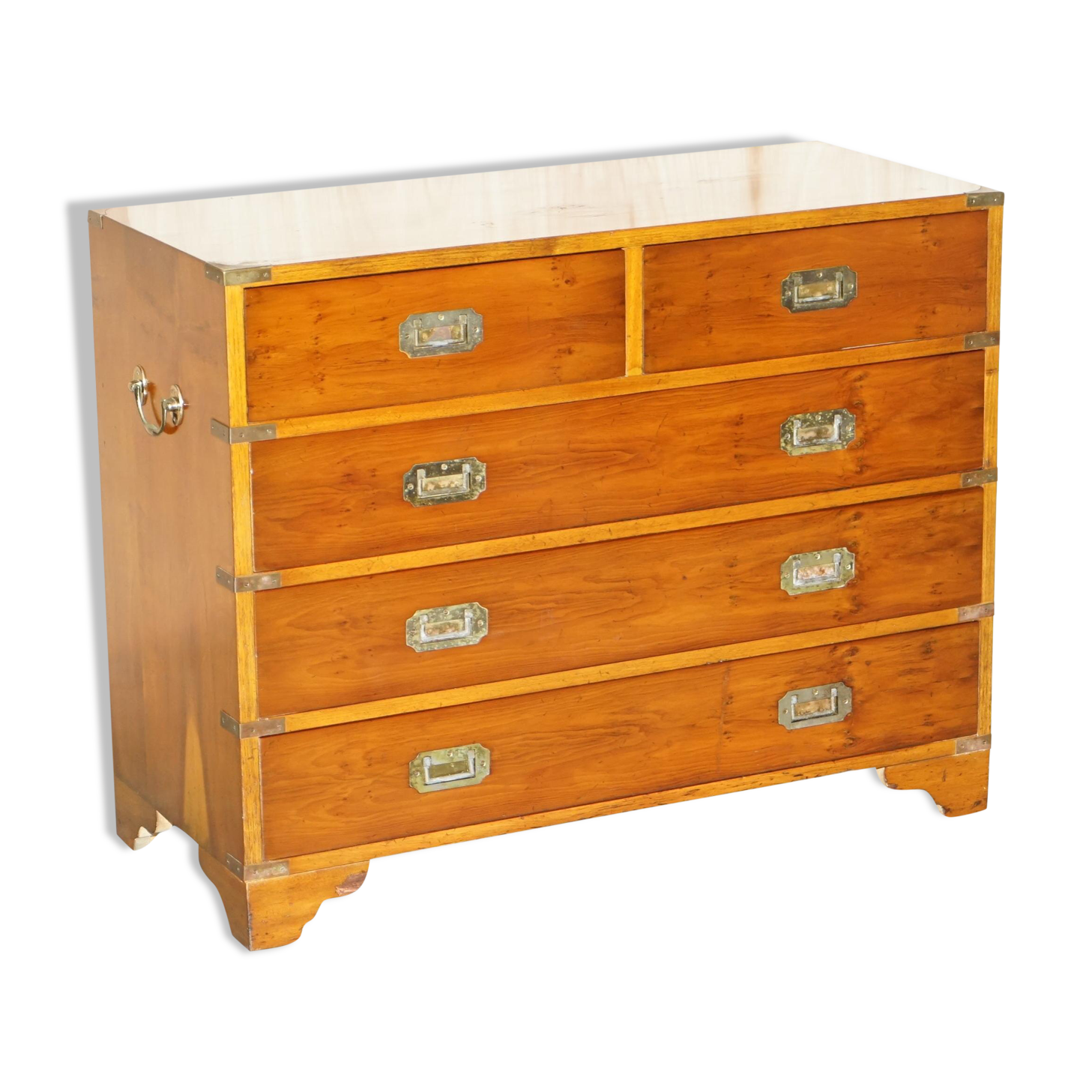 Vintage military campaign chest of drawers in burr yew wood.