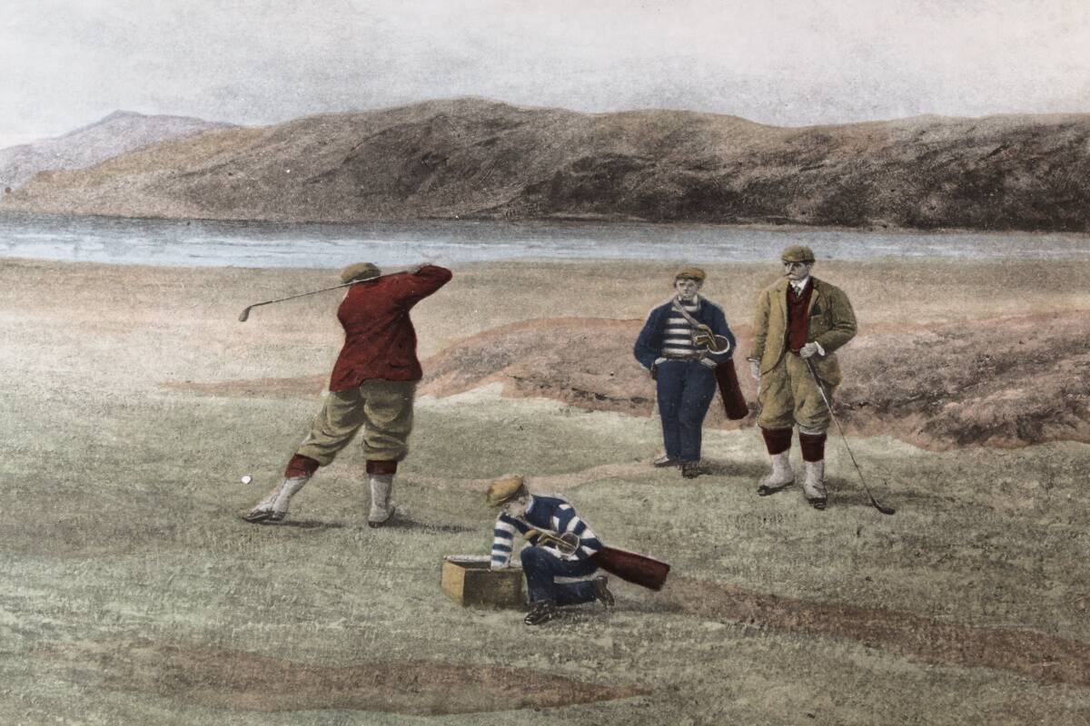 Coloured lithograph, "The Drive" Golf, after Douglas Adams (1853-1920)